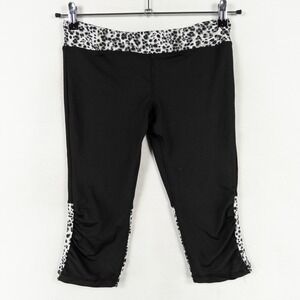 Aviva Womens Medium Cropped Active Legging Black White Leopard Trim Low Rise